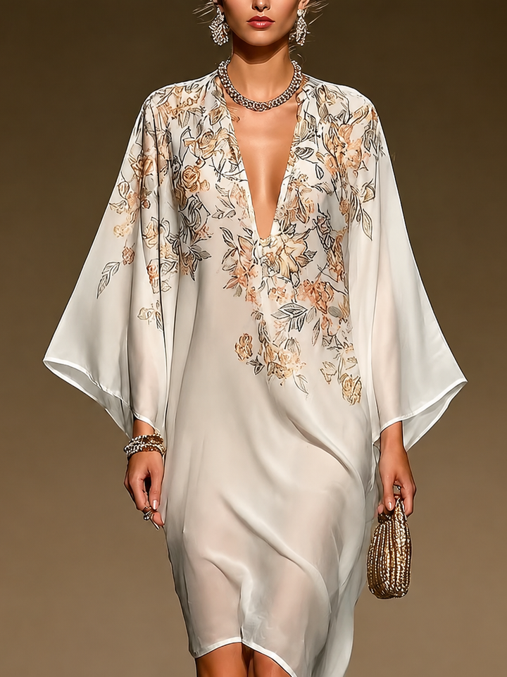 Vestido Midi Caftán de Chifón Beige con Estampado Floral, Escote en V Profundo, Mangas Murciélago y Bajo Asimétrico Fluido