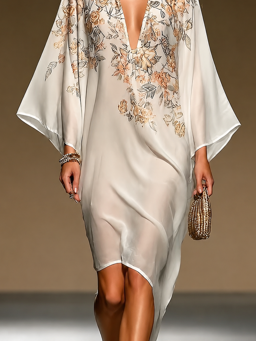 Vestido Midi Caftán de Chifón Beige con Estampado Floral, Escote en V Profundo, Mangas Murciélago y Bajo Asimétrico Fluido